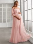 Sheer Off-Shoulder Double Skirt Maxi Maternity Dress – Pink