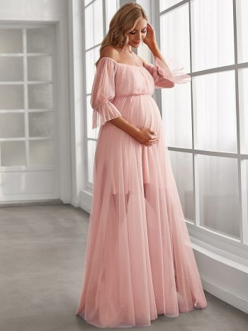 Sheer Off-Shoulder Double Skirt Maxi Maternity Dress - Pink