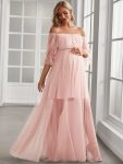 Sheer Off-Shoulder Double Skirt Maxi Maternity Dress – Pink