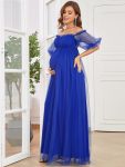 Short Balloon Sleeve Sheer Polka Dot A-Line Maternity Dress – Sapphire Blue