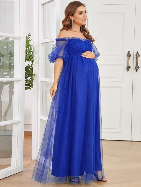 Short Balloon Sleeve Sheer Polka Dot A-Line Maternity Dress - Sapphire Blue