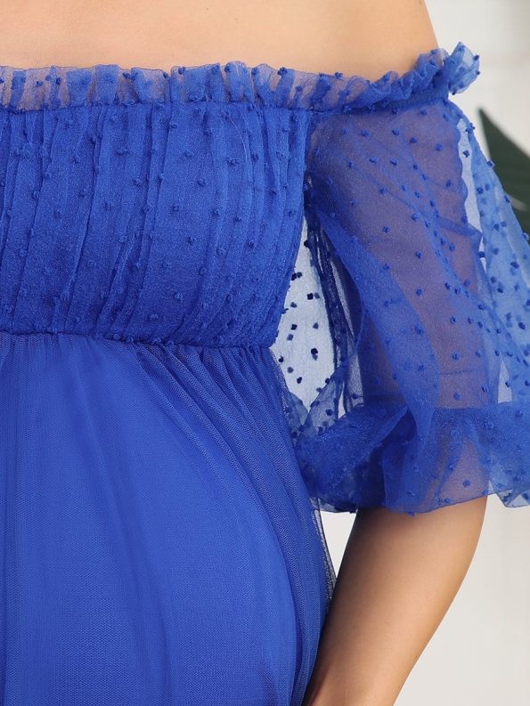 Short Balloon Sleeve Sheer Polka Dot A-Line Maternity Dress - Sapphire Blue