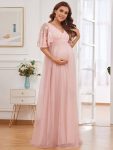 Flutter Sleeve Floor-Length Embroidery Maternity Dress – Pink