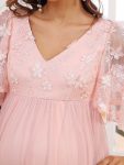 Flutter Sleeve Floor-Length Embroidery Maternity Dress – Pink