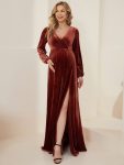 Long Sleeve Velvet V-Neck Front Slit Floor-Length Bump Friendly Dress – Brick Red