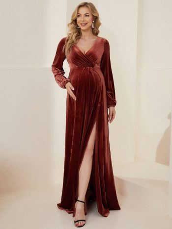 Long Sleeve Velvet V-Neck Front Slit Floor-Length Bump Friendly Dress - Brick Red