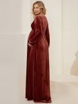 Long Sleeve Velvet V-Neck Front Slit Floor-Length Bump Friendly Dress – Brick Red