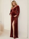 Long Sleeve Velvet V-Neck Front Slit Floor-Length Bump Friendly Dress – Brick Red