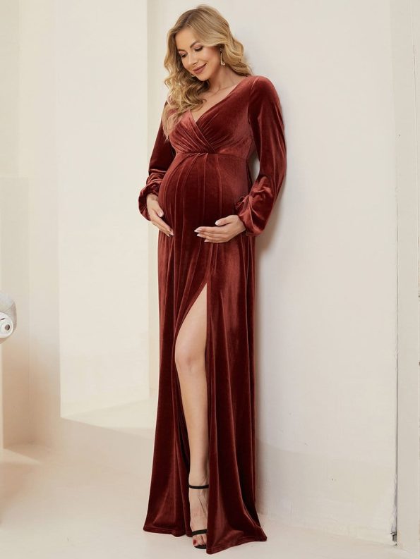 Long Sleeve Velvet V-Neck Front Slit Floor-Length Bump Friendly Dress - Brick Red