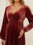 Long Sleeve Velvet V-Neck Front Slit Floor-Length Bump Friendly Dress – Brick Red