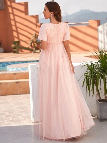 Short Sleeve Sequin Floor-Length Empire Waist Maternity Dress - Pink