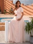 Short Sleeve Sequin Floor-Length Empire Waist Maternity Dress – Pink