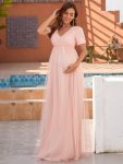 Short Sleeve Sequin Floor-Length Empire Waist Maternity Dress – Pink