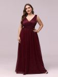 Double V Neck Maxi Long Plus Size Sparkly Evening Dresses for Party – Burgundy