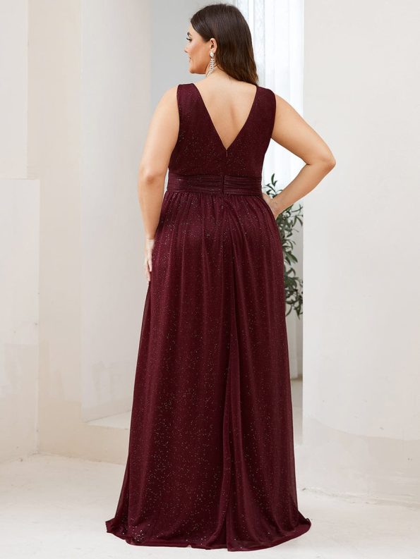 Double V Neck Floor Length Sparkly Evening Dresses for Party - Burgundy