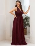 Double V Neck Floor Length Sparkly Evening Dresses for Party – Burgundy