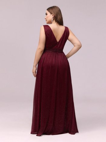 Double V Neck Maxi Long Plus Size Sparkly Evening Dresses for Party - Burgundy