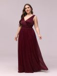 Double V Neck Maxi Long Plus Size Sparkly Evening Dresses for Party – Burgundy