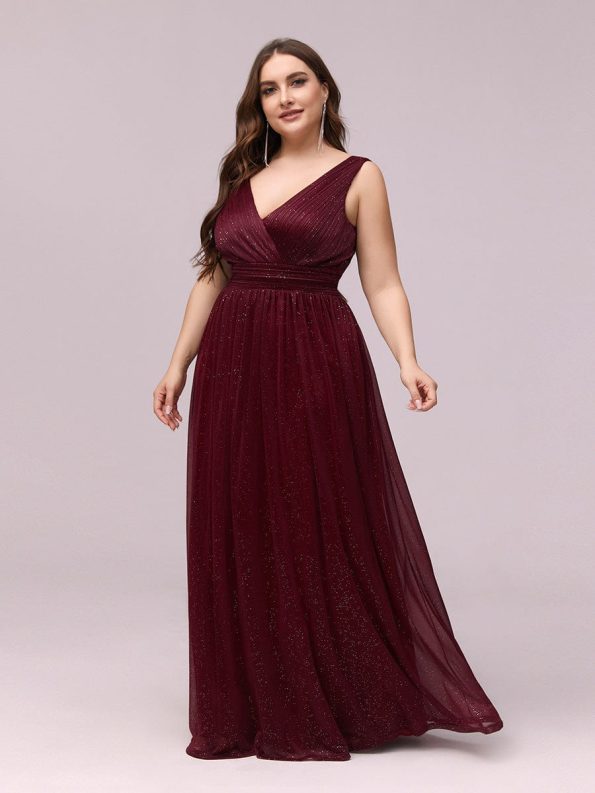 Double V Neck Maxi Long Plus Size Sparkly Evening Dresses for Party - Burgundy