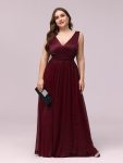 Double V Neck Maxi Long Plus Size Sparkly Evening Dresses for Party – Burgundy