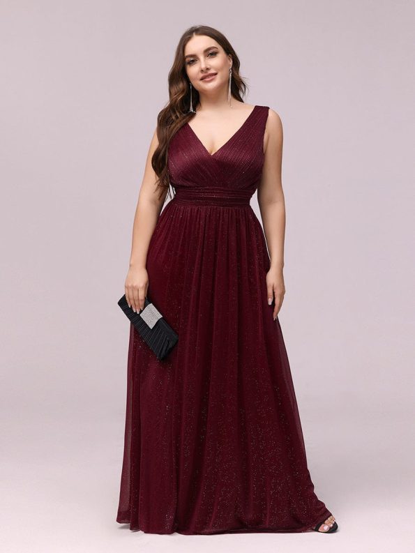 Double V Neck Maxi Long Plus Size Sparkly Evening Dresses for Party - Burgundy