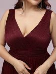 Double V Neck Maxi Long Plus Size Sparkly Evening Dresses for Party – Burgundy