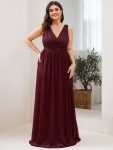 Double V Neck Floor Length Sparkly Evening Dresses for Party – Burgundy