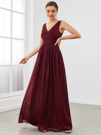 Double V Neck Floor Length Sparkly Evening Dresses for Party - Burgundy