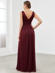 Double V Neck Floor Length Sparkly Evening Dresses for Party – Burgundy