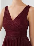 Double V Neck Floor Length Sparkly Evening Dresses for Party – Burgundy