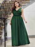 Double V Neck Maxi Long Plus Size Sparkly Evening Dresses for Party – Dark Green