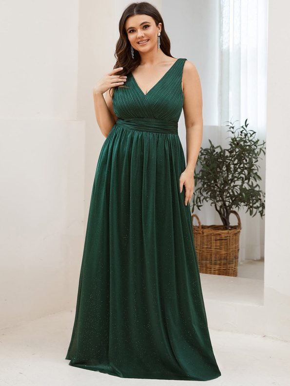 Double V Neck Floor Length Sparkly Evening Dresses for Party - Dark Green