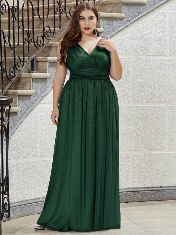 Double V Neck Floor Length Sparkly Evening Dresses for Party - Dark Green