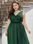 Double V Neck Maxi Long Plus Size Sparkly Evening Dresses for Party – Dark Green