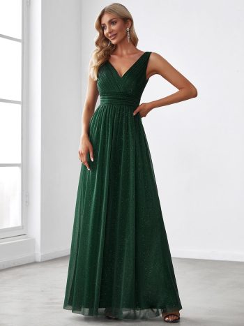 Double V Neck Floor Length Sparkly Evening Dresses for Party - Dark Green