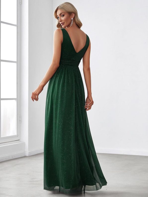 Double V Neck Floor Length Sparkly Evening Dresses for Party - Dark Green