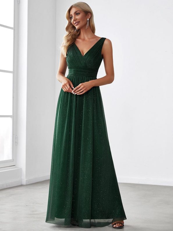 Double V Neck Floor Length Sparkly Evening Dresses for Party - Dark Green