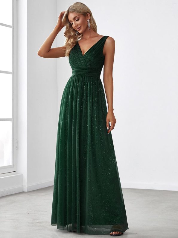 Double V Neck Floor Length Sparkly Evening Dresses for Party - Dark Green