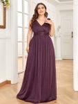 Double V Neck Maxi Long Plus Size Sparkly Evening Dresses for Party - Dark Purple