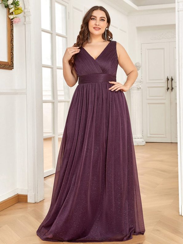 Double V Neck Maxi Long Plus Size Sparkly Evening Dresses for Party - Dark Purple