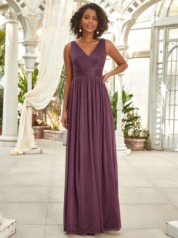 Double V Neck Floor Length Sparkly Evening Dresses for Party - Dark Purple