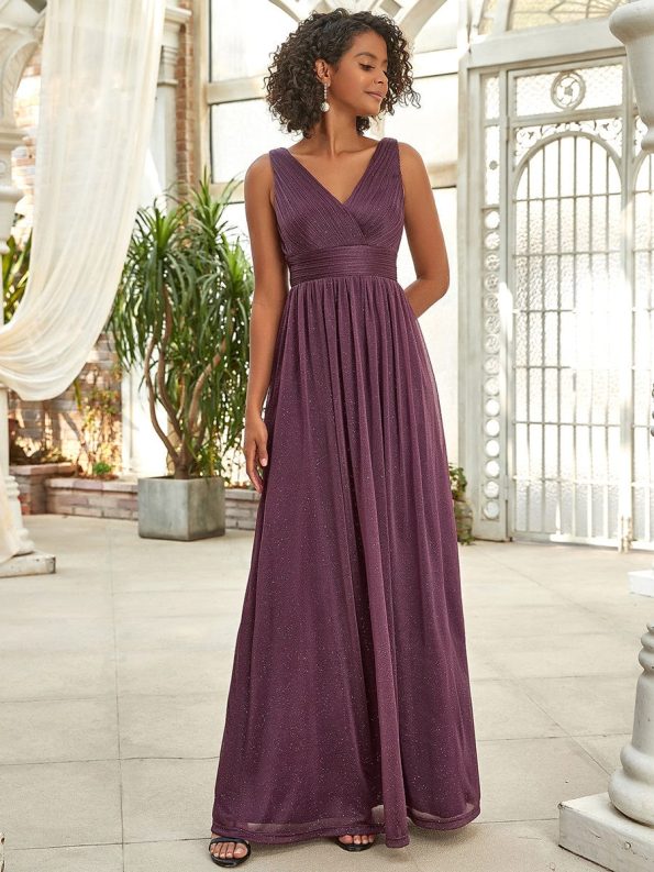 Double V Neck Floor Length Sparkly Evening Dresses for Party - Dark Purple