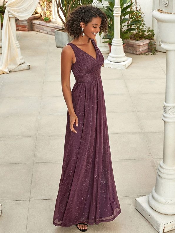 Double V Neck Floor Length Sparkly Evening Dresses for Party - Dark Purple