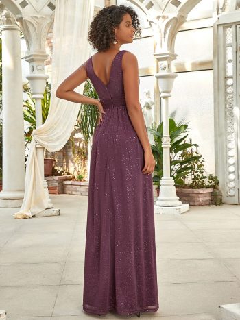 Double V Neck Floor Length Sparkly Evening Dresses for Party - Dark Purple