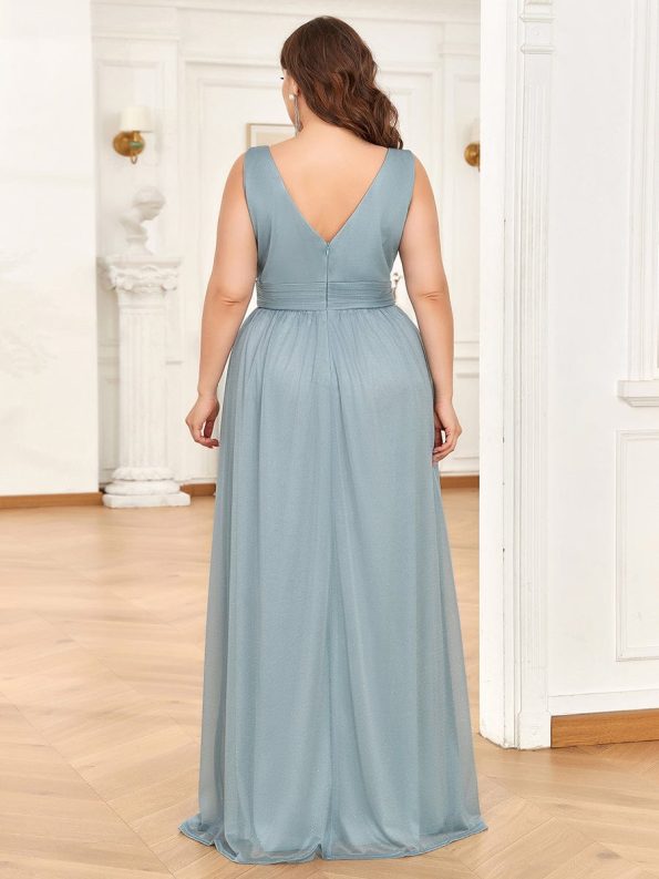 Double V Neck Maxi Long Plus Size Sparkly Evening Dresses for Party - Mist