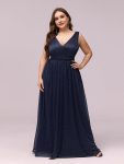 Double V Neck Maxi Long Plus Size Sparkly Evening Dresses for Party - Navy Blue