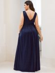 Double V Neck Floor Length Sparkly Evening Dresses for Party – Navy Blue