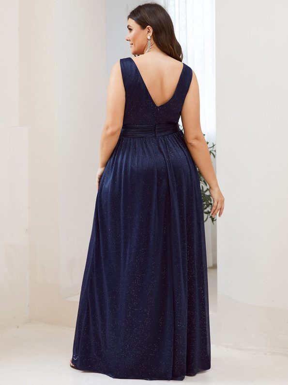 Double V Neck Floor Length Sparkly Evening Dresses for Party - Navy Blue