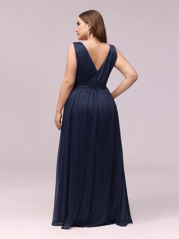 Double V Neck Maxi Long Plus Size Sparkly Evening Dresses for Party - Navy Blue