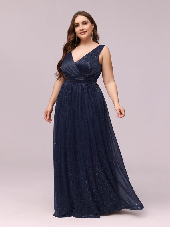 Double V Neck Maxi Long Plus Size Sparkly Evening Dresses for Party - Navy Blue